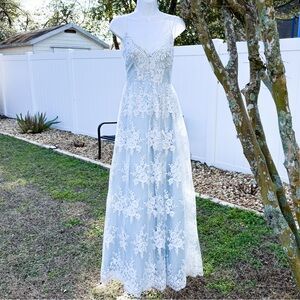 Say Yes to the Prom Lace Maxi Dress | Light Blue | Open Back | Size 3/4